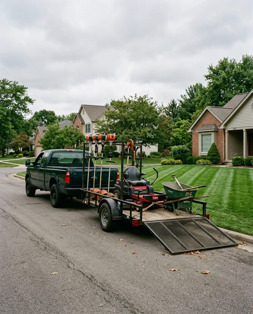Arturo's work truck and trailer loaded with mowers and trimmers at a job site
