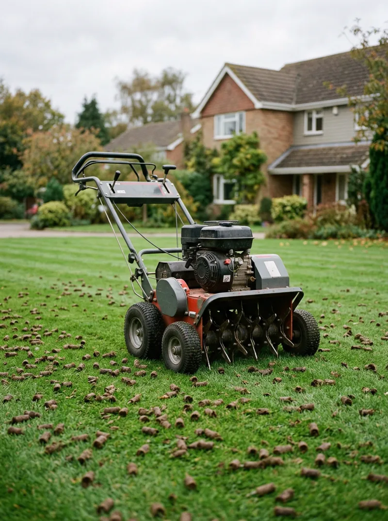Core aerator machine on a lawn with soil plugs scattered around