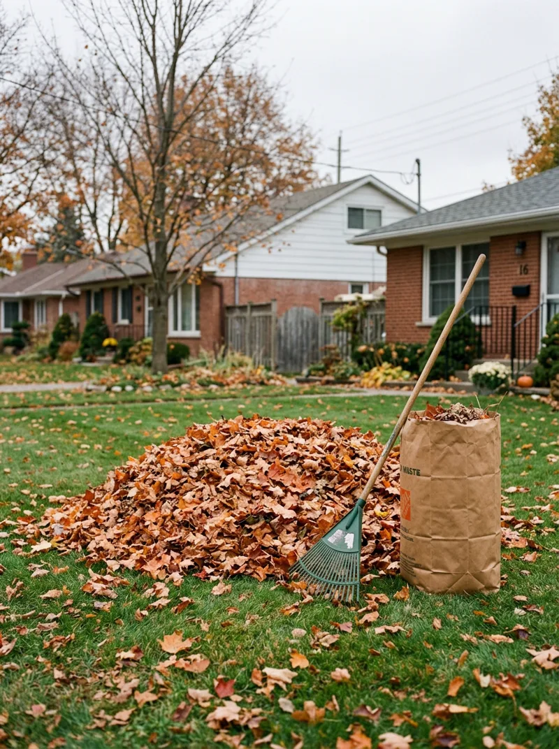 Pile of autumn leaves with a rake and yard-waste bag on a lawn