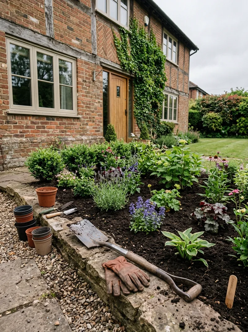 Freshly planted garden bed with shrubs and perennials
