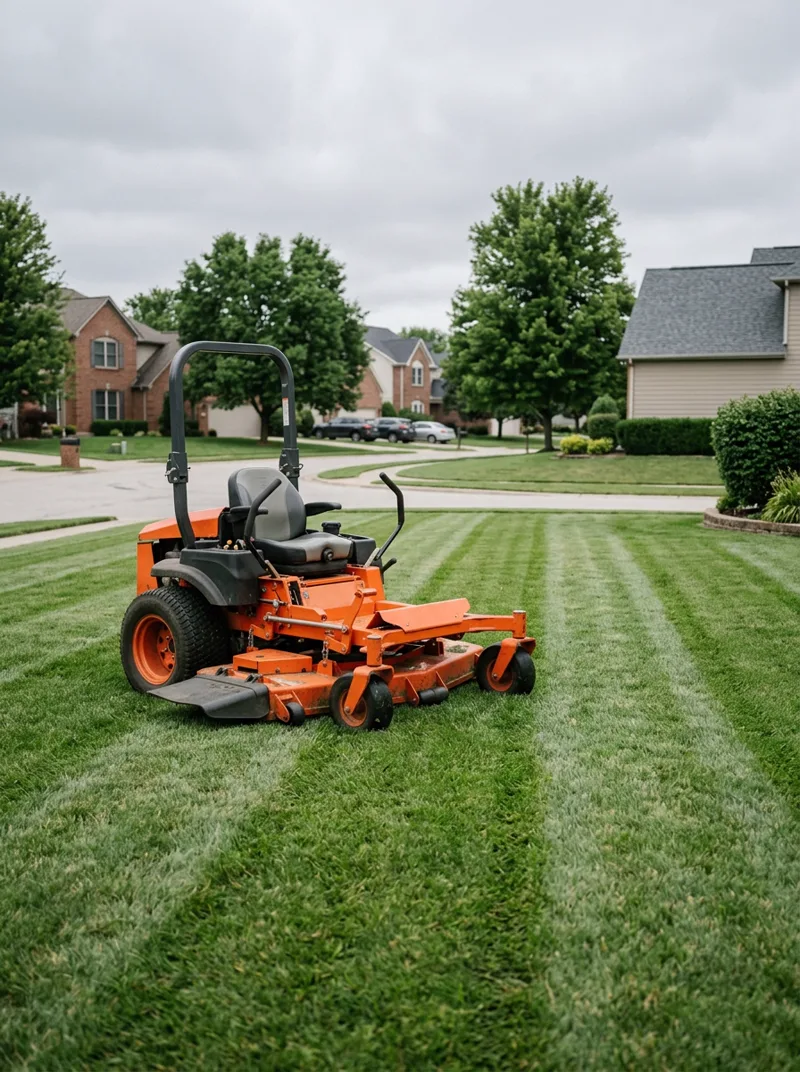 Commercial zero-turn mower on a freshly striped lawn
