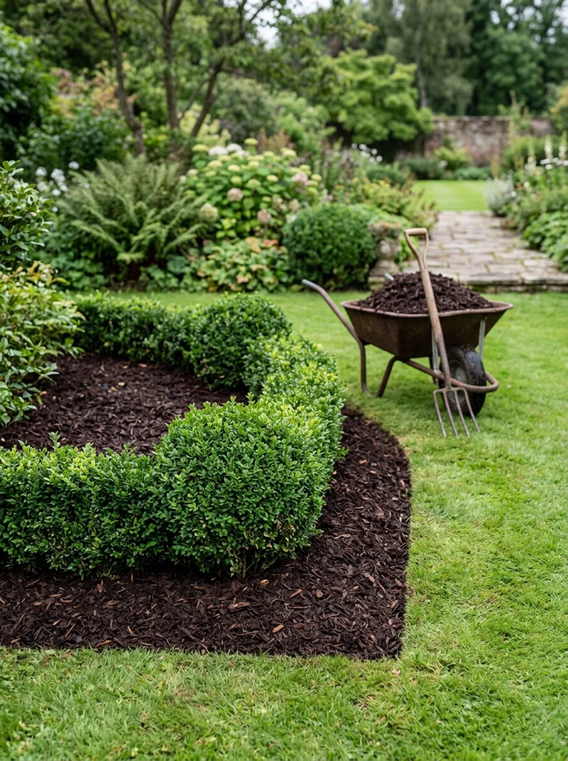 Fresh dark mulch bed with crisp edges around trimmed boxwoods