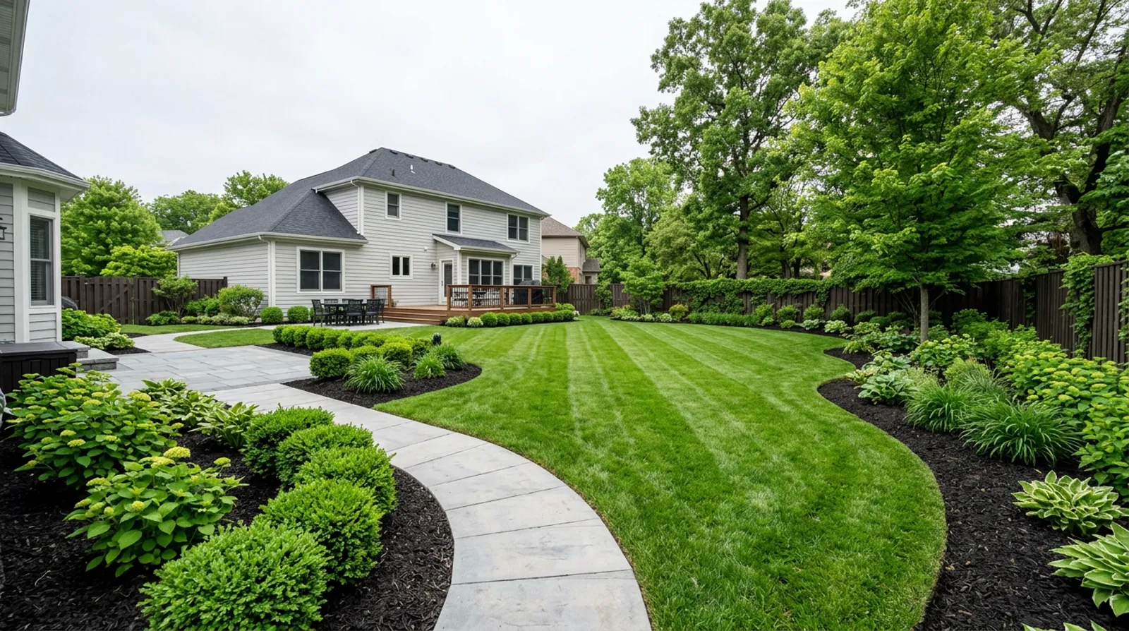 A finished backyard with striped lawn, fresh mulch beds and a paver walkway